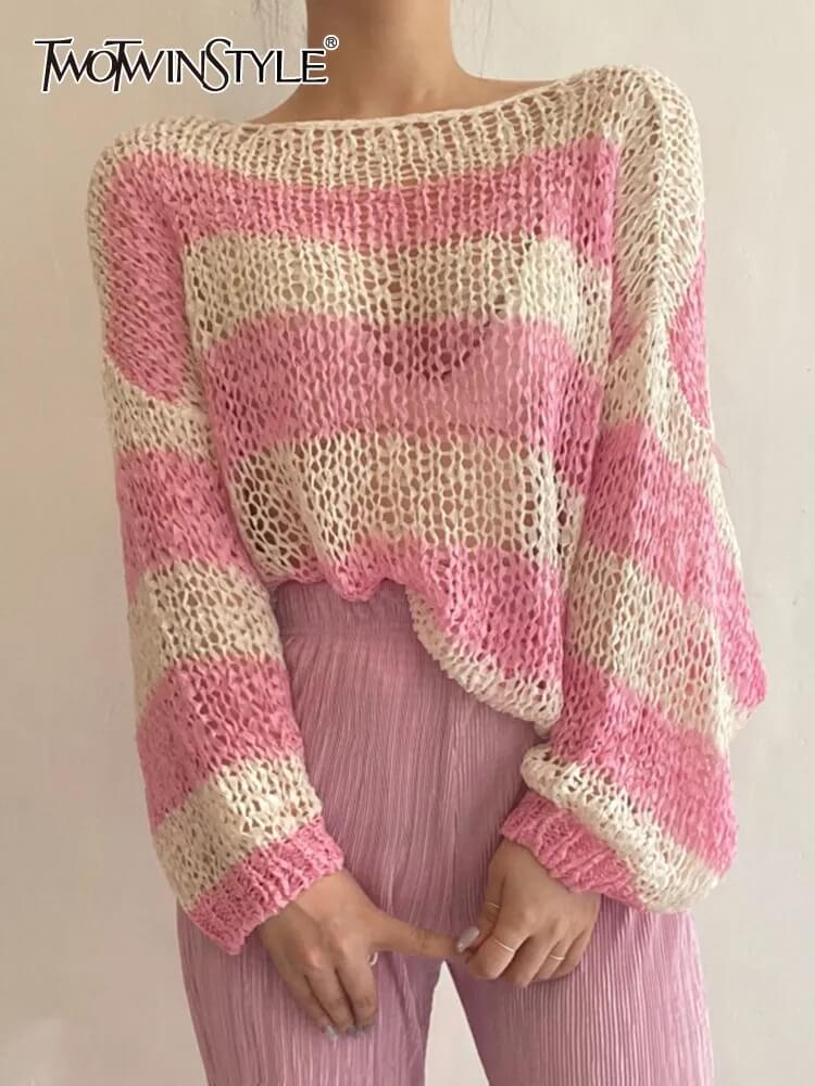 TWOTWINSTYLE Hit Color Striped Sweaters For Women Round Neck Long Sleeve Loose Casual Sun Protection Sweater Female Clothing New