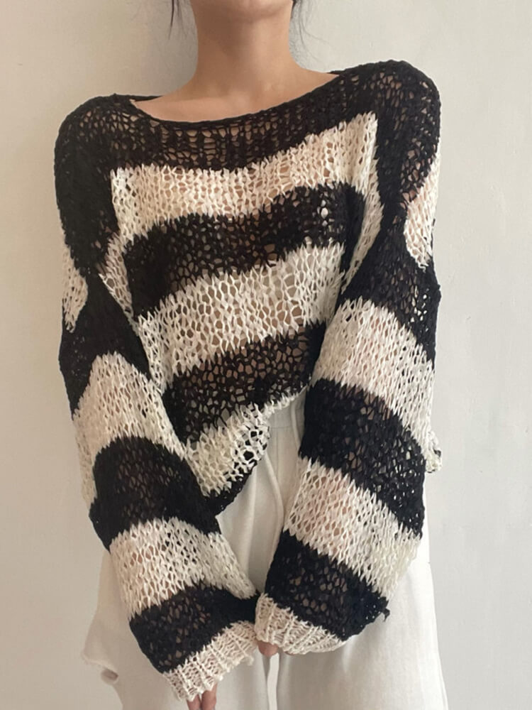 TWOTWINSTYLE Hit Color Striped Sweaters For Women Round Neck Long Sleeve Loose Casual Sun Protection Sweater Female Clothing New