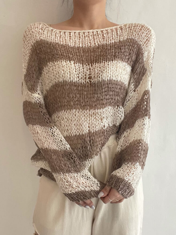 TWOTWINSTYLE Hit Color Striped Sweaters For Women Round Neck Long Sleeve Loose Casual Sun Protection Sweater Female Clothing New