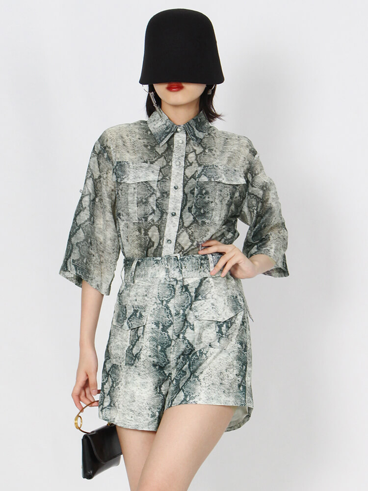 TWOTWINSTYLE Loose Print Two Piece Set Womens Lapel Short Sleeve Shirt High Waist Shorts Pants Colorblock Sets Female Summer New