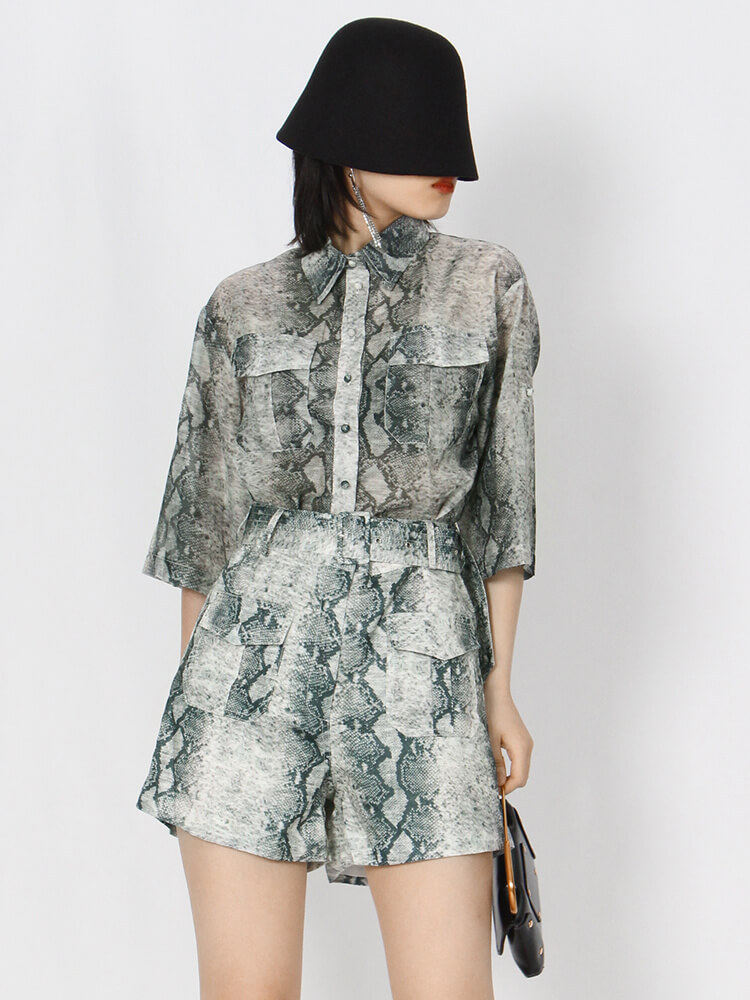 TWOTWINSTYLE Loose Print Two Piece Set Womens Lapel Short Sleeve Shirt High Waist Shorts Pants Colorblock Sets Female Summer New