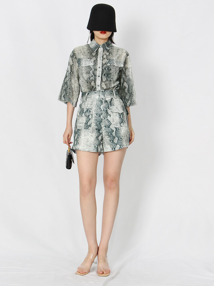 TWOTWINSTYLE Loose Print Two Piece Set Womens Lapel Short Sleeve Shirt High Waist Shorts Pants Colorblock Sets Female Summer New