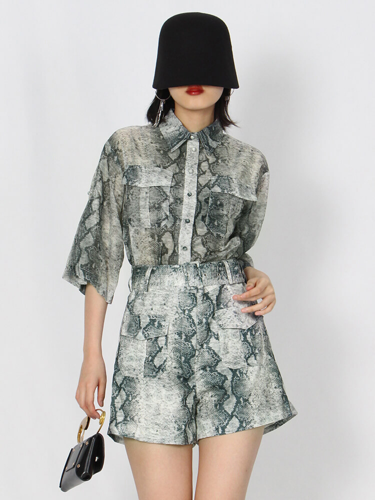 TWOTWINSTYLE Loose Print Two Piece Set Womens Lapel Short Sleeve Shirt High Waist Shorts Pants Colorblock Sets Female Summer New