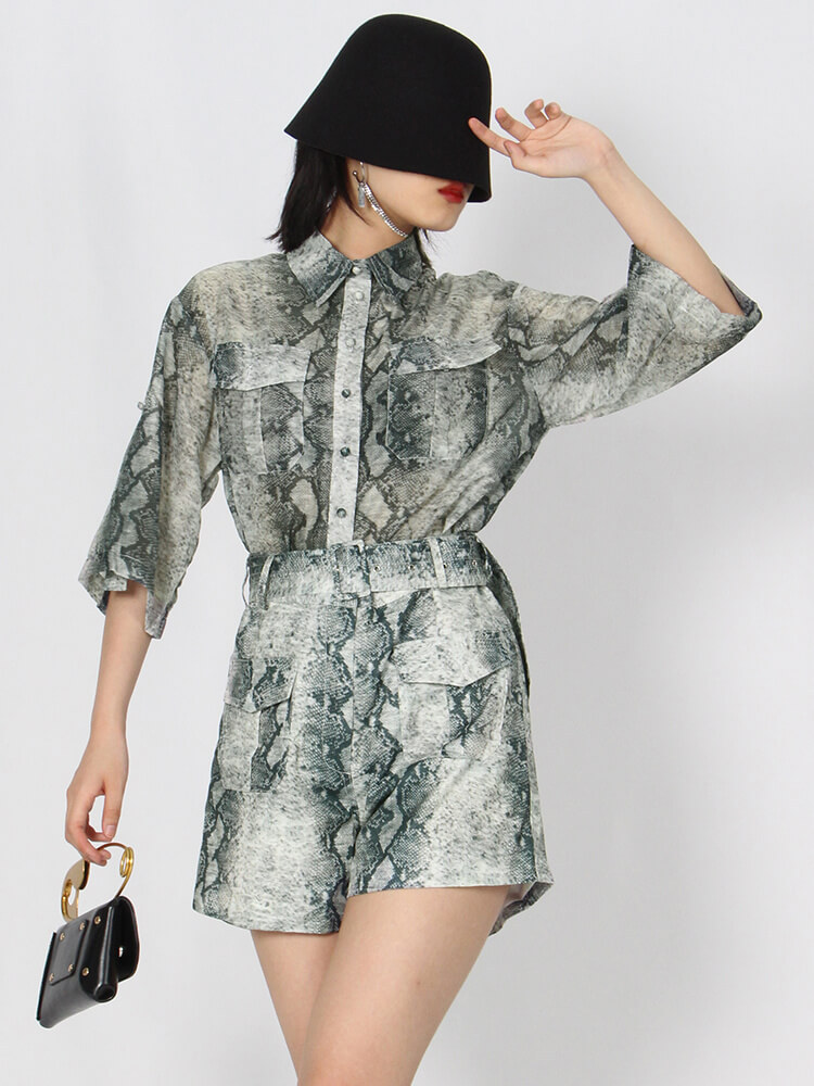 TWOTWINSTYLE Loose Print Two Piece Set Womens Lapel Short Sleeve Shirt High Waist Shorts Pants Colorblock Sets Female Summer New