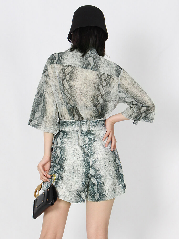 TWOTWINSTYLE Loose Print Two Piece Set Womens Lapel Short Sleeve Shirt High Waist Shorts Pants Colorblock Sets Female Summer New