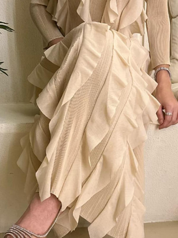 TWOTWINSTYLE Spliced Ruffles Solid Dresses For Women Round Neck Long Sleeve High Waist Slimming Dress Female Fashion Clothing
