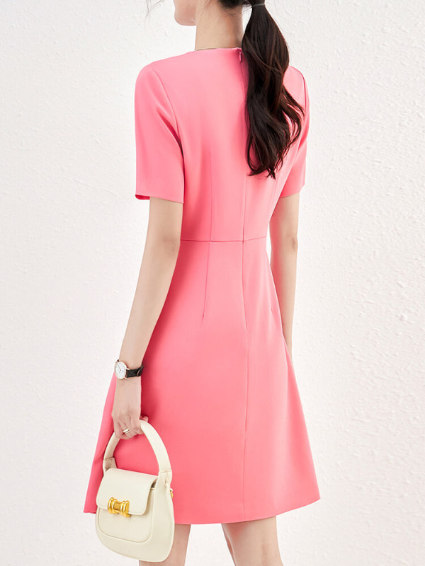 TWOTWINSTYLE Solid Dresses For Women O Neck Short Sleeve High Waist Spliced Diamonds Temperament Dress Female Fashion Clothing