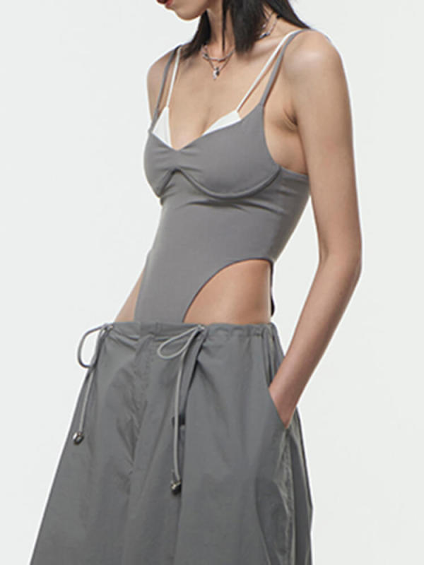 TWOTWINSTYLE Hit Color Sexy Jumpsuits For Women V Neck Sleeveless High Waist Slimming Patchwork Folds Backless Jumpsuit Female