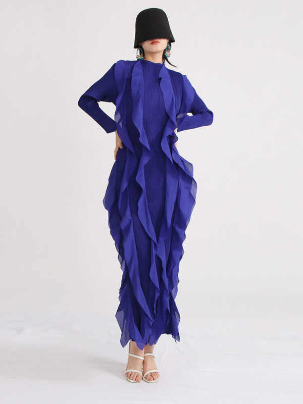 TWOTWINSTYLE Spliced Ruffles Solid Dresses For Women Round Neck Long Sleeve High Waist Slimming Dress Female Fashion Clothing