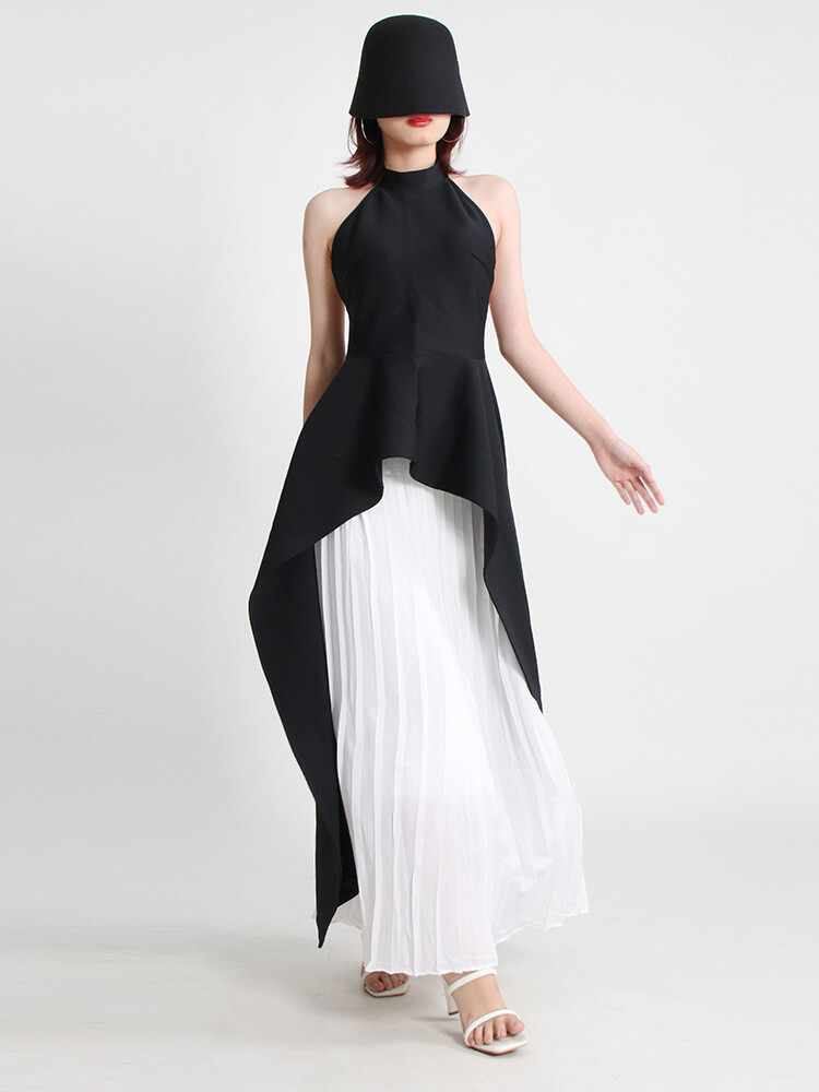 TWOTWINSTYLE Temperament Two Piece Set For Women Halter Collar Irregular Tops High Waist Pleated Midi Skirts Sets Female Clothes
