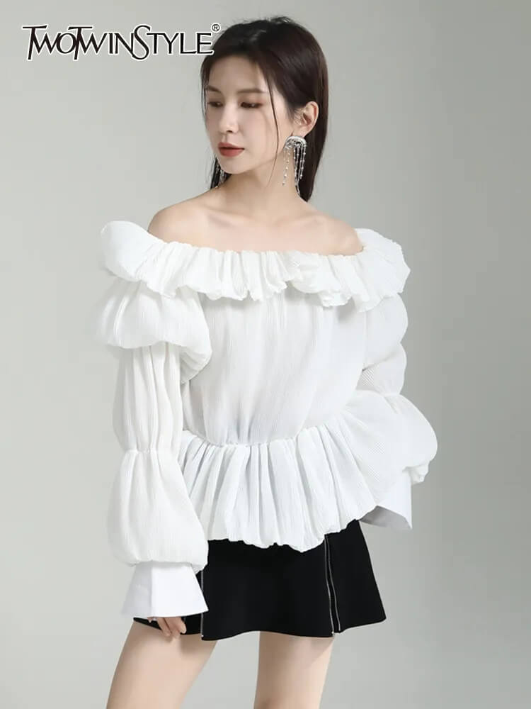 TWOTWINSTYLE Patchwork Folds Shirts For Women Slash Neck Lantern Sleeve Tunic Loose Chic Solid Casual Blouse Female Fashion 2023