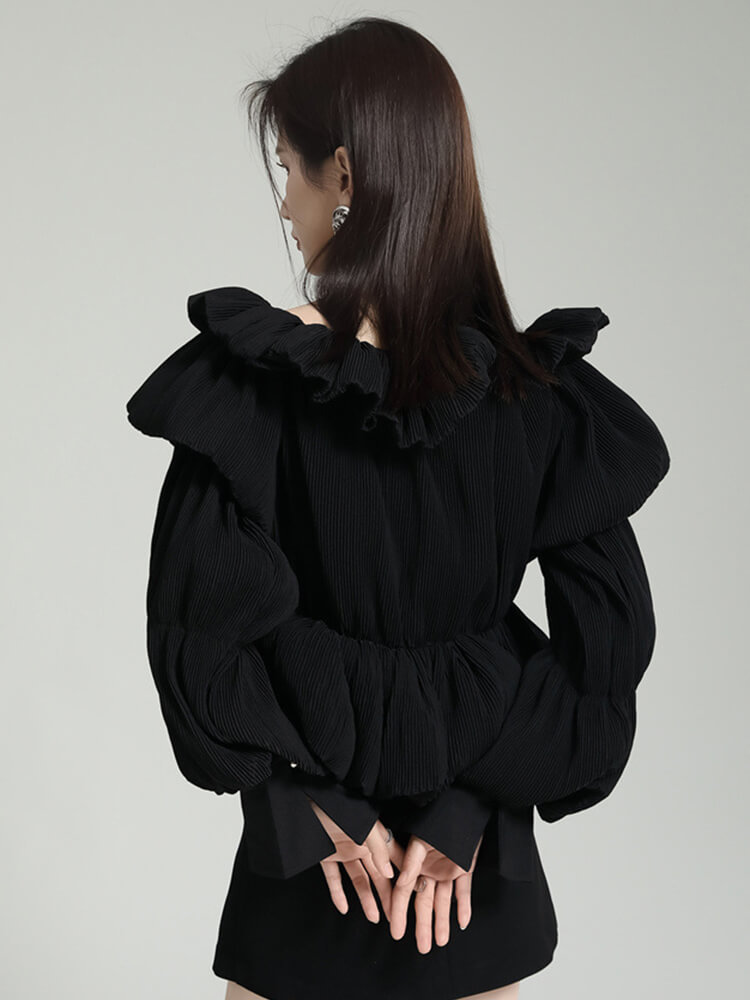 TWOTWINSTYLE Patchwork Folds Shirts For Women Slash Neck Lantern Sleeve Tunic Loose Chic Solid Casual Blouse Female Fashion 2023