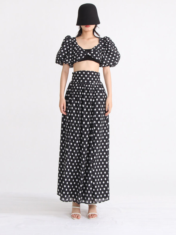 TWOTWINSTYLE Casual Dot Two Piece Sets For Women Square Collar Puff Sleeve Vest High Waist Split Skirt Hit Color Set Female 2023