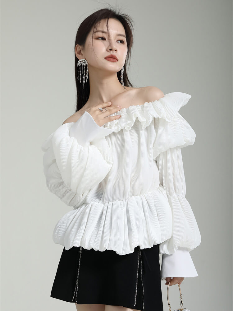 TWOTWINSTYLE Patchwork Folds Shirts For Women Slash Neck Lantern Sleeve Tunic Loose Chic Solid Casual Blouse Female Fashion 2023