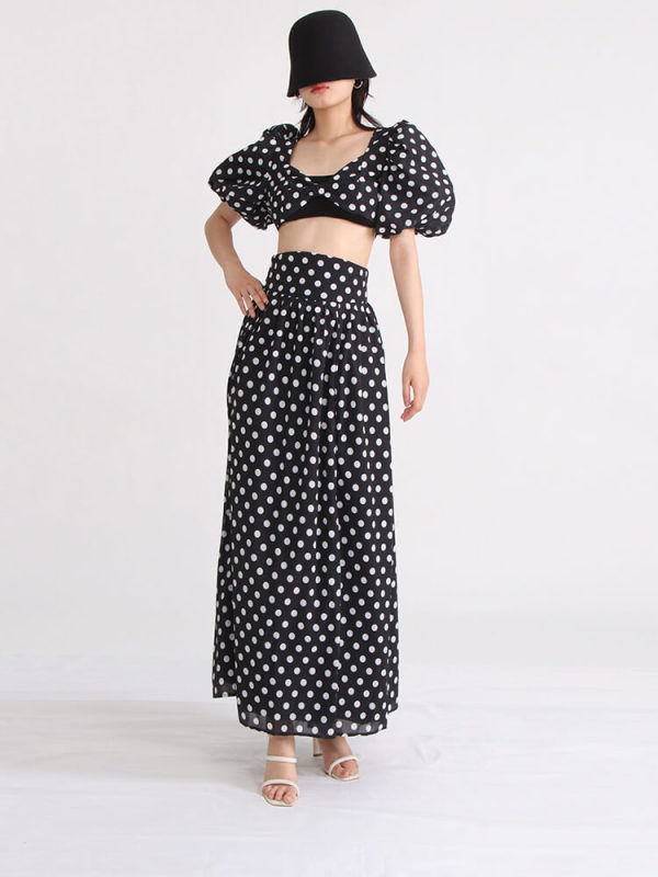 TWOTWINSTYLE Casual Dot Two Piece Sets For Women Square Collar Puff Sleeve Vest High Waist Split Skirt Hit Color Set Female 2023