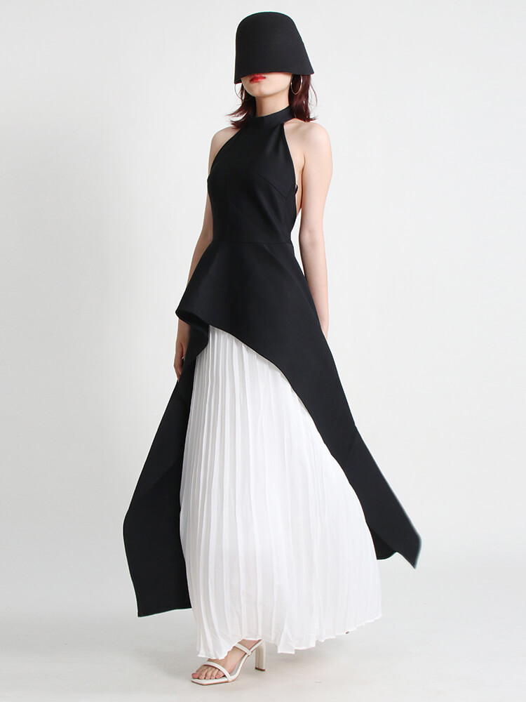 TWOTWINSTYLE Temperament Two Piece Set For Women Halter Collar Irregular Tops High Waist Pleated Midi Skirts Sets Female Clothes