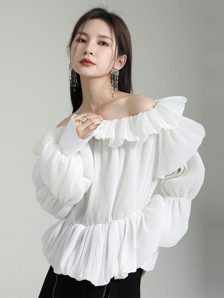TWOTWINSTYLE Patchwork Folds Shirts For Women Slash Neck Lantern Sleeve Tunic Loose Chic Solid Casual Blouse Female Fashion 2023