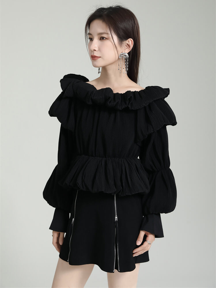 TWOTWINSTYLE Patchwork Folds Shirts For Women Slash Neck Lantern Sleeve Tunic Loose Chic Solid Casual Blouse Female Fashion 2023