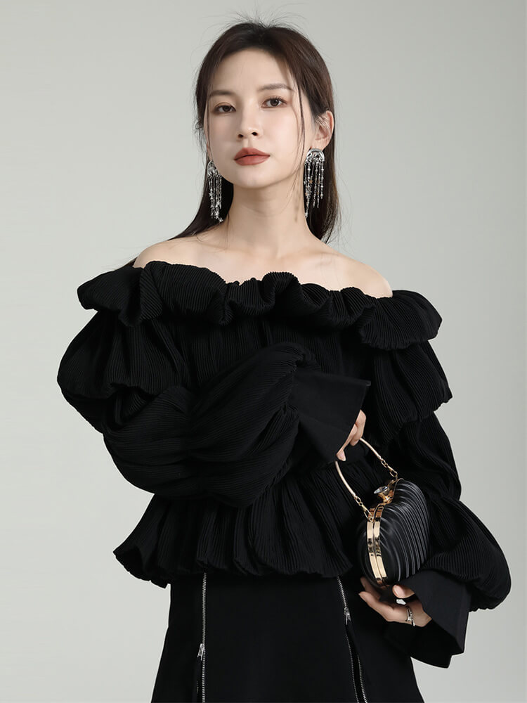 TWOTWINSTYLE Patchwork Folds Shirts For Women Slash Neck Lantern Sleeve Tunic Loose Chic Solid Casual Blouse Female Fashion 2023