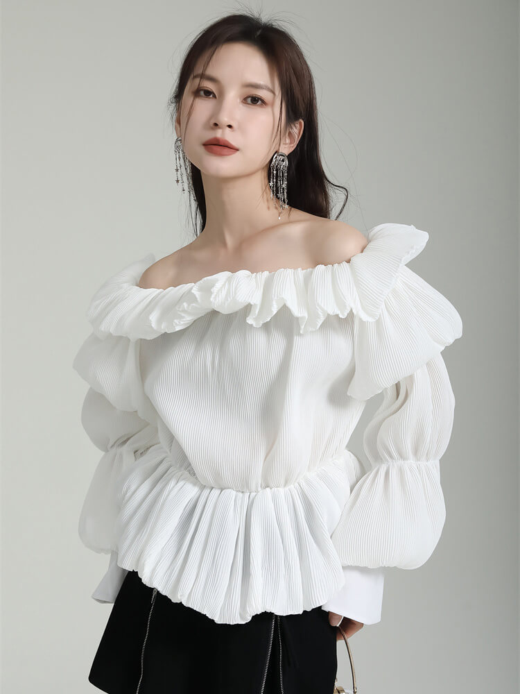 TWOTWINSTYLE Patchwork Folds Shirts For Women Slash Neck Lantern Sleeve Tunic Loose Chic Solid Casual Blouse Female Fashion 2023