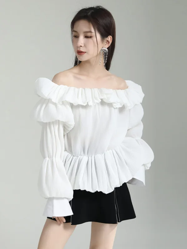 TWOTWINSTYLE Patchwork Folds Shirts For Women Slash Neck Lantern Sleeve Tunic Loose Chic Solid Casual Blouse Female Fashion 2023