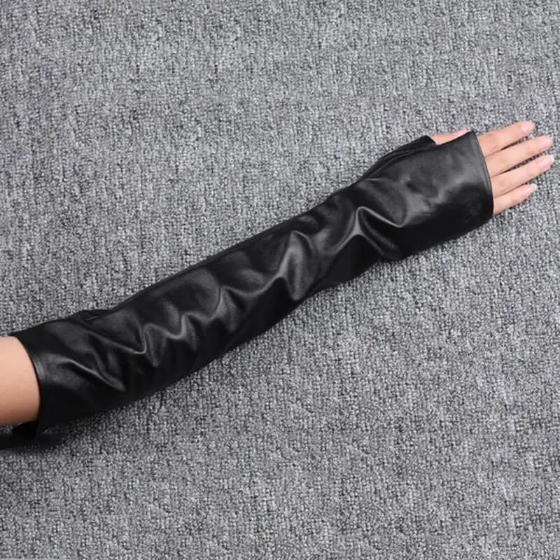 TWOTWINSTYLE PU Leather Long Gloves Ladies Hole Black Arm Sleeve 2020 Spring Female Gloves Accessories Fashion New