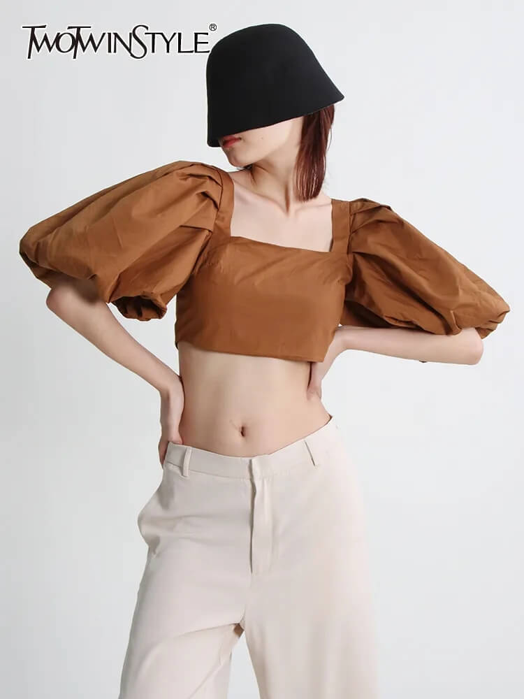 TWOTWINSTYLE Summer Solid Shirt For Women Square Collar Puff Sleeve Minimalist Casual Blouses Female Fashion Clothing New 2022