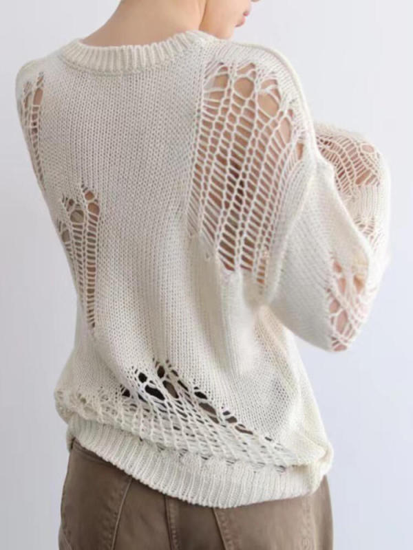 TWOTWINSTYLE Solid Hollow Out Sweaters For Women Round Neck Long Sleeve Casual Chic Knitting Sweater Female Fashion Clothing New