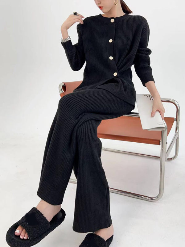 TWOTWINSTYLE Casual Solid Knitted Two Piece Sets For Women Round Neck Long Sleeve Tops High Waist Loose Pant Chic Set Female New