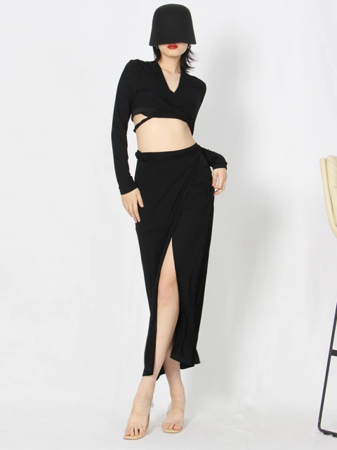 Twotwinstyle Sexy Slim Two Piece Set Womens V Neck Long Sleeve Tops High Waist Midi Skirts Solid