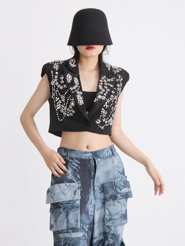 TWOTWINSTYLE Solid Jackets For Women Lapel Sleeveless Patchwork Single Breasted Diamonds Waistcoat Female Fashion Clothing New