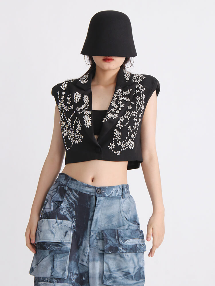 TWOTWINSTYLE Solid Jackets For Women Lapel Sleeveless Patchwork Single Breasted Diamonds Waistcoat Female Fashion Clothing New