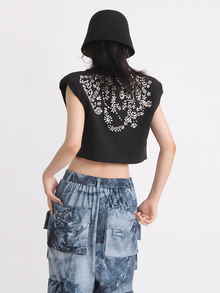 TWOTWINSTYLE Solid Jackets For Women Lapel Sleeveless Patchwork Single Breasted Diamonds Waistcoat Female Fashion Clothing New