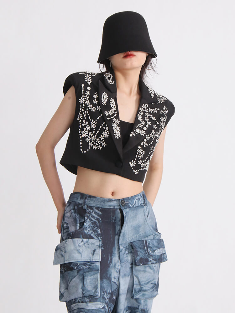 TWOTWINSTYLE Solid Jackets For Women Lapel Sleeveless Patchwork Single Breasted Diamonds Waistcoat Female Fashion Clothing New