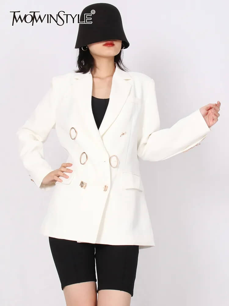 TWOTWINSTYLE Solid Minimalist Coats For Women Notched Collar Long Sleeve Double Breasted Loose Blazers Female 2022 Fashion Style
