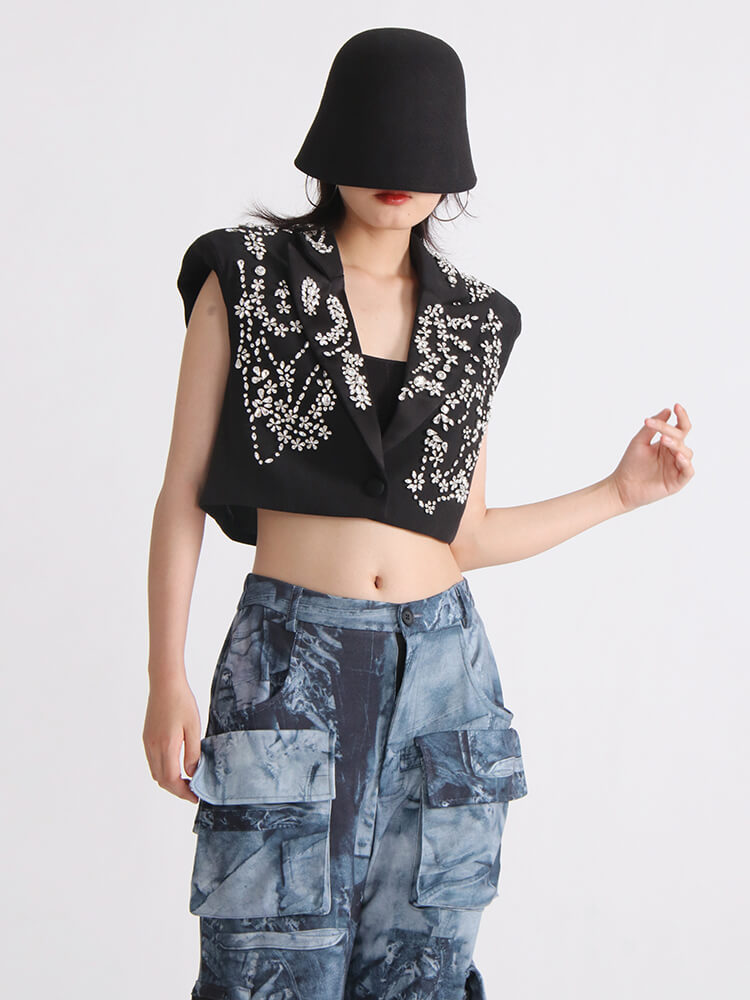 TWOTWINSTYLE Solid Jackets For Women Lapel Sleeveless Patchwork Single Breasted Diamonds Waistcoat Female Fashion Clothing New