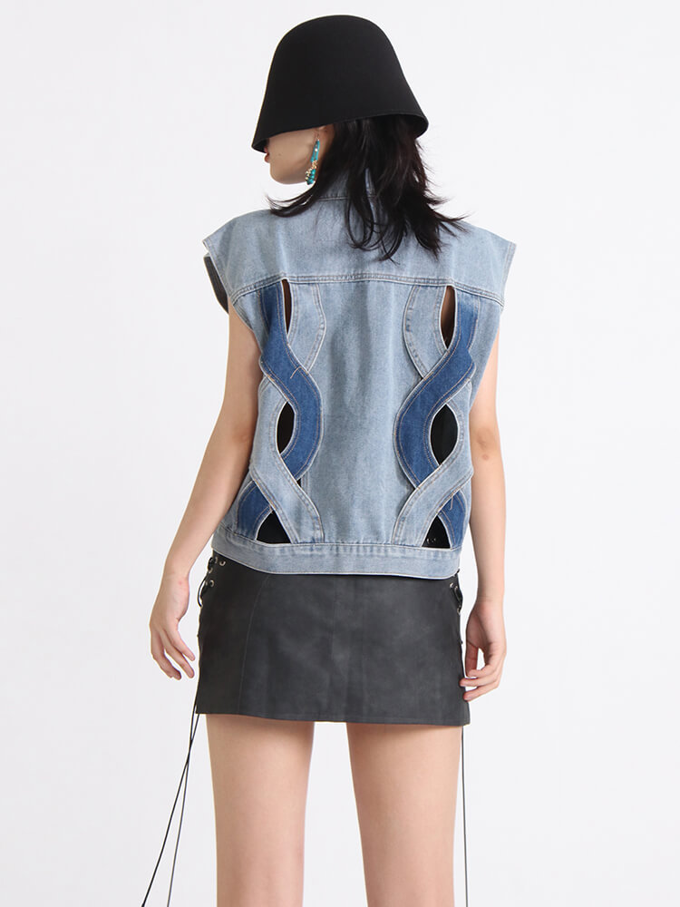 TWOTWINSTYLE Vintage Denim Waistcoats For Women Lapel Sleeveless Patchwork Single Breasted Casual Waistcoat Female Clothing 2023