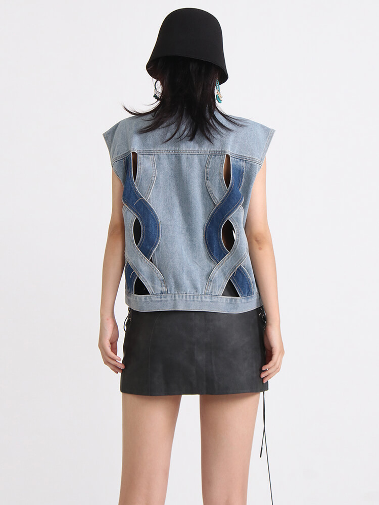 TWOTWINSTYLE Vintage Denim Waistcoats For Women Lapel Sleeveless Patchwork Single Breasted Casual Waistcoat Female Clothing 2023