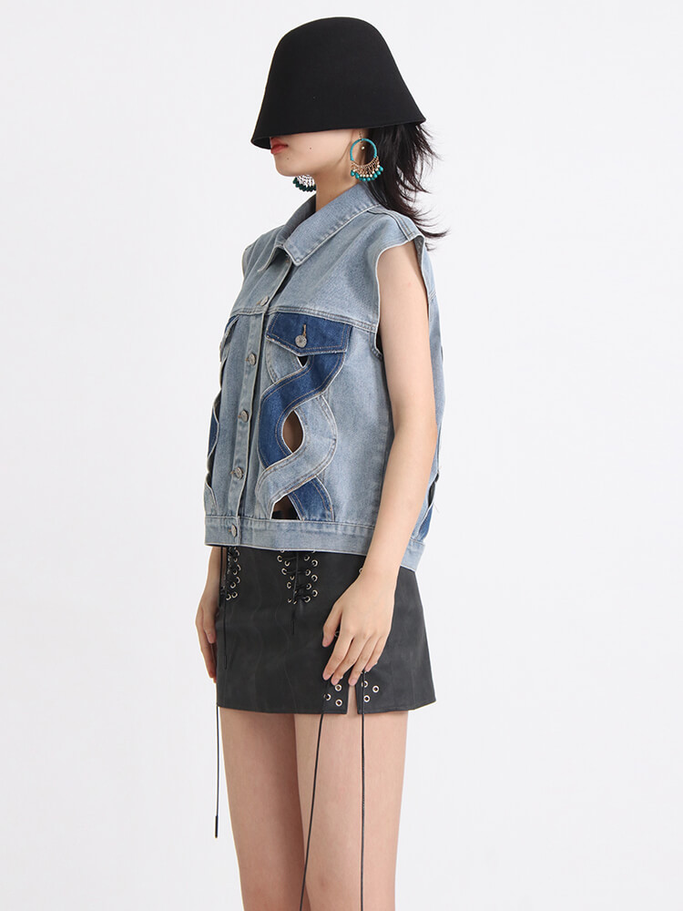 TWOTWINSTYLE Vintage Denim Waistcoats For Women Lapel Sleeveless Patchwork Single Breasted Casual Waistcoat Female Clothing 2023