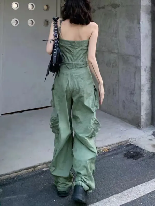 TWOTWINSTYLE Patchwork Pocket Jumpsuits Starpless Sleeveless High Waist Solid Slimming Wide Leg Pant Streetwear Jumpsuit Female