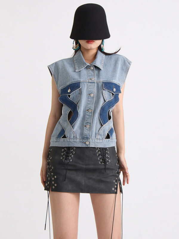 TWOTWINSTYLE Vintage Denim Waistcoats For Women Lapel Sleeveless Patchwork Single Breasted Casual Waistcoat Female Clothing 2023