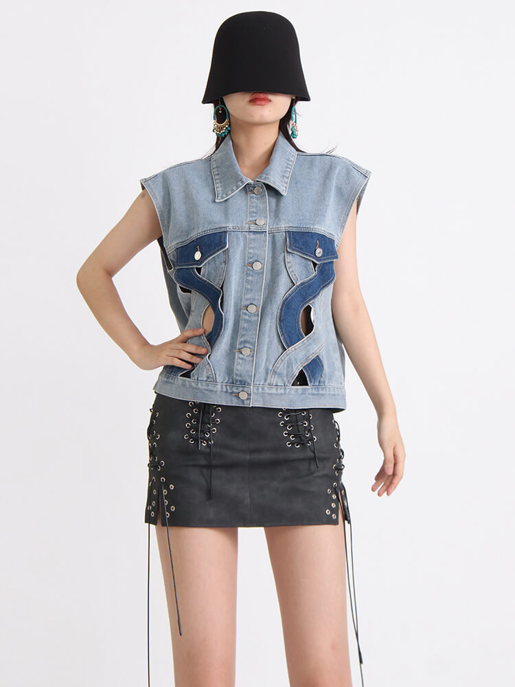 TWOTWINSTYLE Vintage Denim Waistcoats For Women Lapel Sleeveless Patchwork Single Breasted Casual Waistcoat Female Clothing 2023