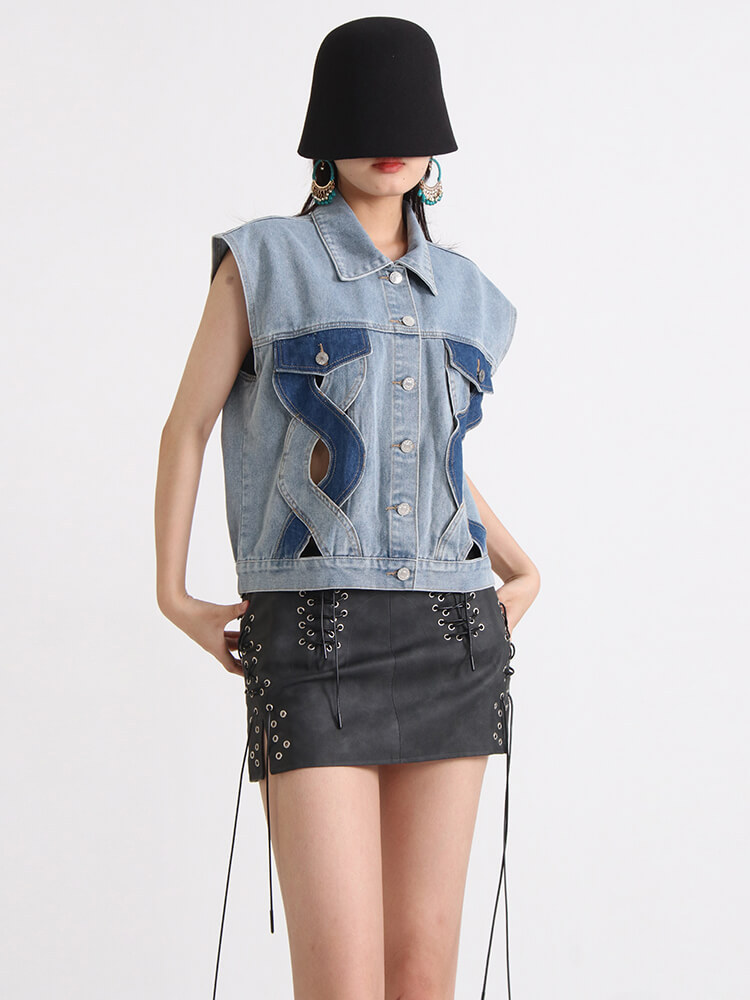 TWOTWINSTYLE Vintage Denim Waistcoats For Women Lapel Sleeveless Patchwork Single Breasted Casual Waistcoat Female Clothing 2023