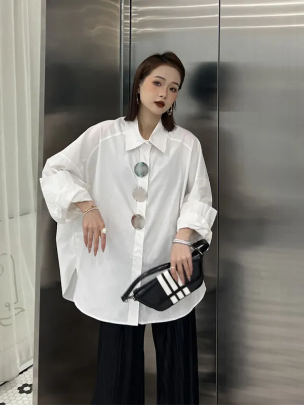 TWOTWINSTYLE Solid Minimalist Blouse Puff Sleeve Single Breasted Fashion Female 2023