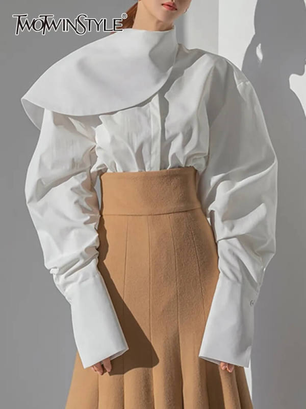 TWOTWINSTYLE MInimalist Blouse For Women Stand Collar Long Sleeve Casual Shirts Female