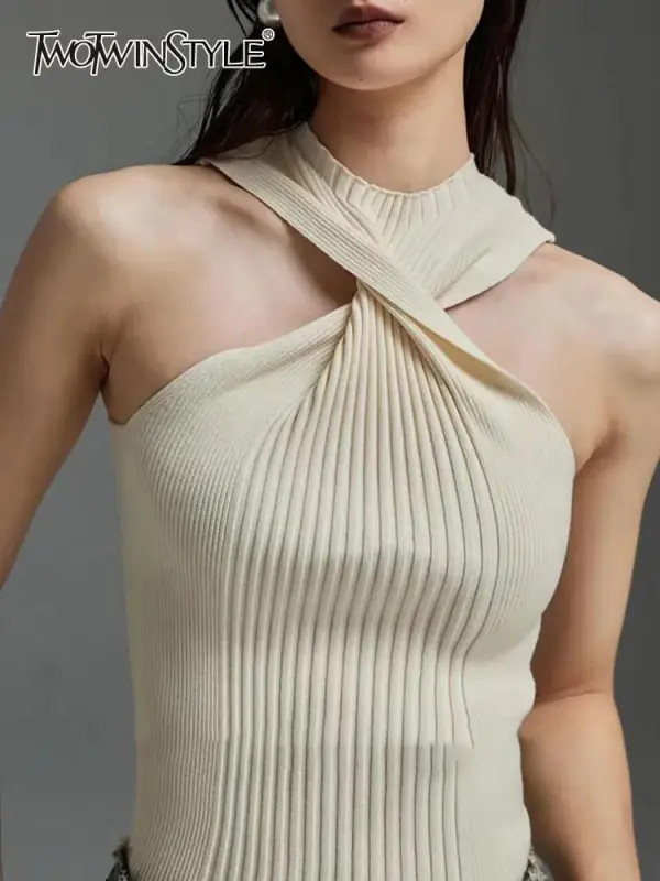 TWOTWINSTYLE Off Shoulder Vrisscross Tank Tops For Women Halter Sleeveless Vest Fashion