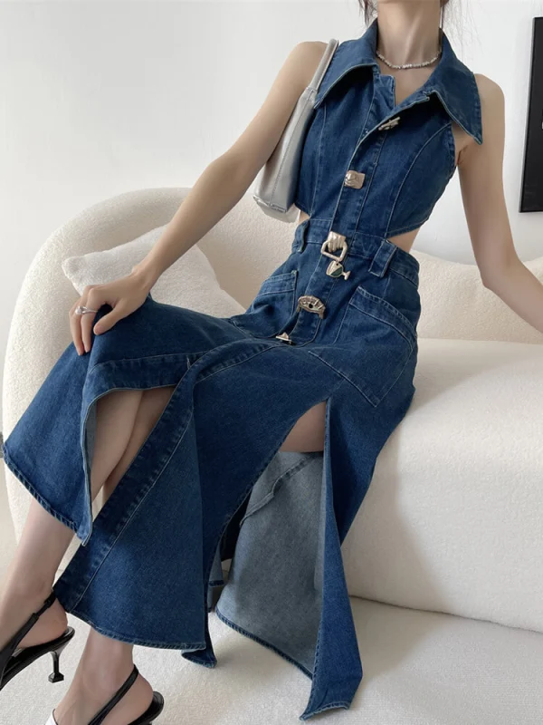 TWOTWINSTYLE Hollow Out Denim Dress For Women Lapel Sleeveless Spliced Pockets Clthing New