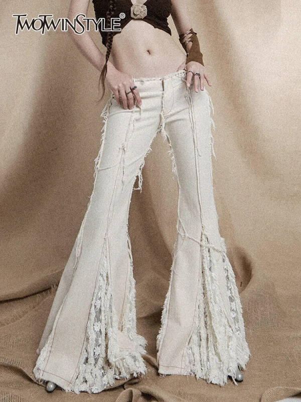 TWOTWINSTYLE Minimalist Flare Trousers For Women High Waist Patchwork Zipper Clothing 2023