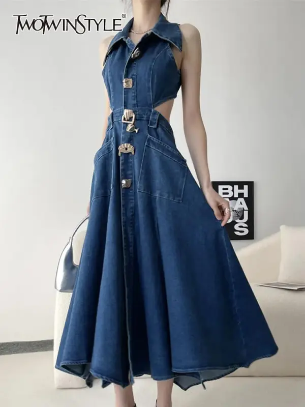 TWOTWINSTYLE Hollow Out Denim Dress For Women Lapel Sleeveless Spliced Pockets Clthing New