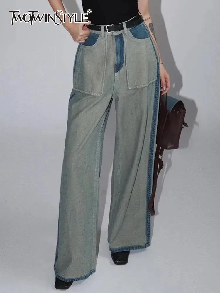 Teotwin Style TWOTWINSTYLE Hit Color Casual Jeans For Women Chic Straight Fashion ...